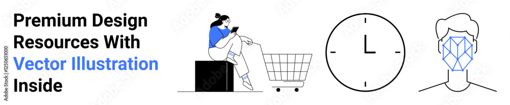 Woman seated near a shopping cart browsing on a phone, a clock symbolizing time, and a face with geometric patterns representing facial recognition. Ideal for tech, e-commerce, security, AI, time Woman seated near a shopping cart browsing on a phone, a clock symbolizing time, and a face with geometric patterns representing facial recognition. Ideal for tech, e-commerce, security, AI, time