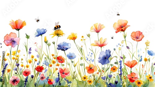 Colorful meadow flowers and bees on white background