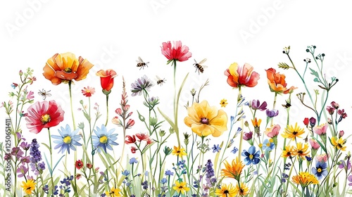 Colorful meadow flowers and bees on white background