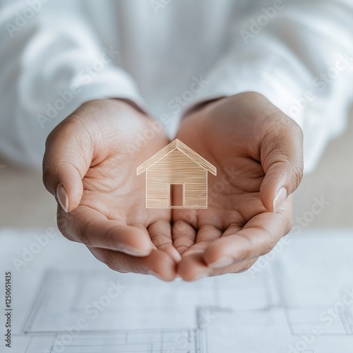 Minimalist Fire-Resistant Architecture Hands Holding Eco-Friendly Home Icon over Blueprint for Sustainable Living and Safety Solutions in Modern Construction photo