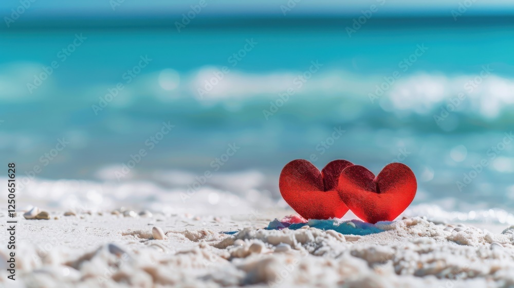 Fototapeta premium Romantic red paper hearts on a beach with blue sea and sky for Valentine's Day celebration