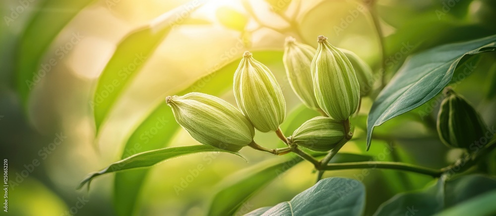 Green cardamom pods growing on plant in Kerala India highlighting the spice's value and cultivation in vibrant natural light. Green cardamom pods growing on plant in Kerala India highlighting the spice's value and cultivation in vibrant natural light.