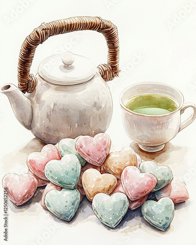 The Valentine Day Concept, A close-up view of heart-shaped sugar candies, soft pastel colors, beside a traditional Japanese tea set with white teapot, bamboo handle, and teacups, creating a charming v photo