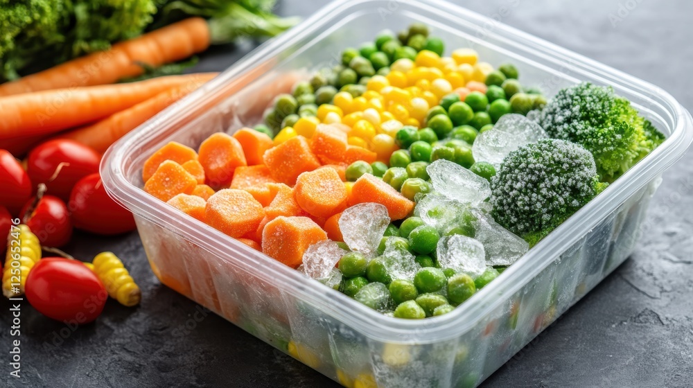 Frozen food from the refrigerator. Broccoli, corn, peas, carrots, Brussels sprouts. Vegetable ingredients. Concept of proper nutrition. Frozen food from the refrigerator. Broccoli, corn, peas, carrots, Brussels sprouts. Vegetable ingredients. Concept of proper nutrition.