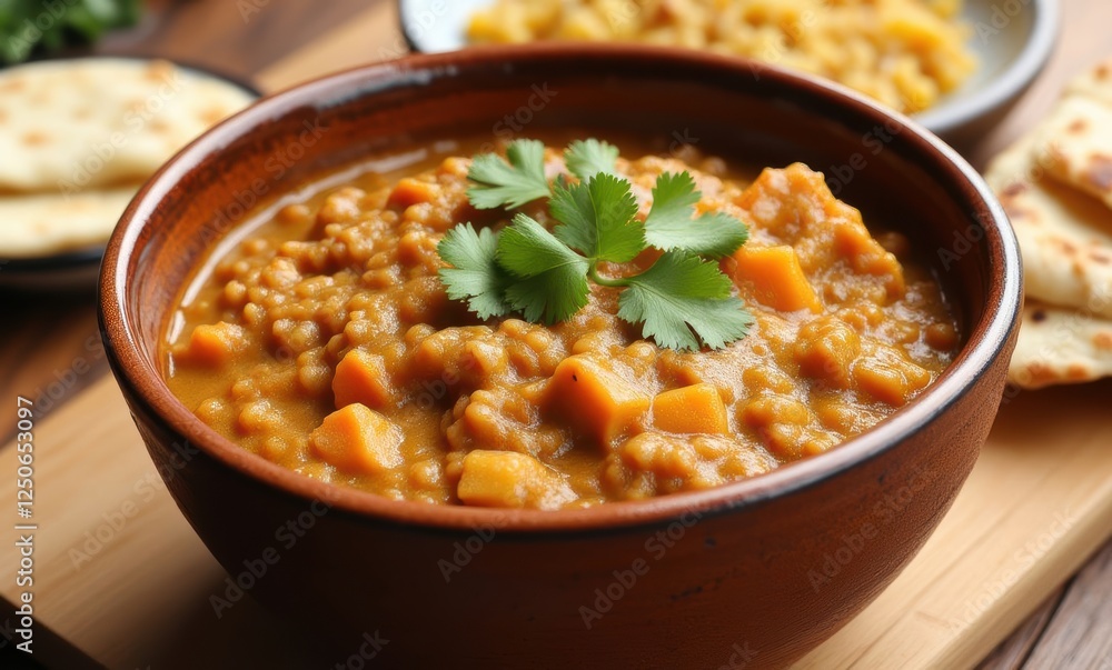 Delicious lentil curry with cilantro garnish Delicious lentil curry with cilantro garnish