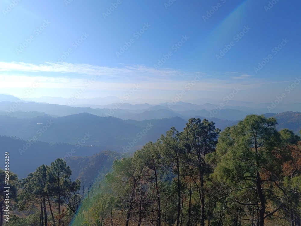 Naklejka premium mountain, landscape, sky, mountains, nature, forest, clouds, cloud, fog, panorama, hill, sunset, tree, travel, valley, green, view, trees, sea, summer, ocean, sun, beauty, morning, grass