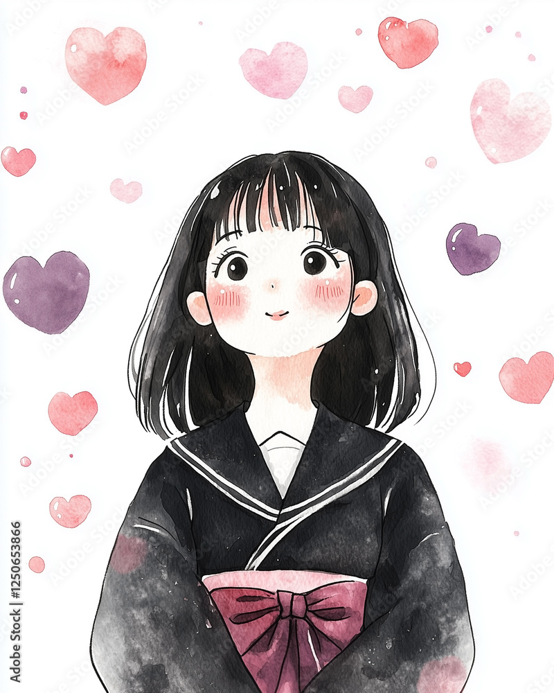 The Valentine Day Concept: Cute Asian Girl in Traditional Japanese School Uniform with Heart Bubbles, Watercolor Style, Whimsical Expression, Perfect for Nursery Art Postcard The Valentine Day Concept: Cute Asian Girl in Traditional Japanese School Uniform with Heart Bubbles, Watercolor Style, Whimsical Expression, Perfect for Nursery Art Postcard