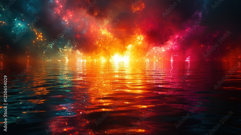 Naklejka premium Colorful nebula reflection, water, night, fantasy, artwork, digital, background, design
