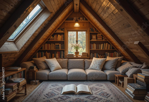 Cozy Attic Reading Nook: Bookshelves, Sofa, and Natural Light photo