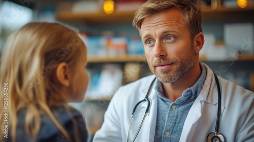 A doctor speaks compassionately with a young girl in a warm, inviting healthcare setting, fostering trust and care.
