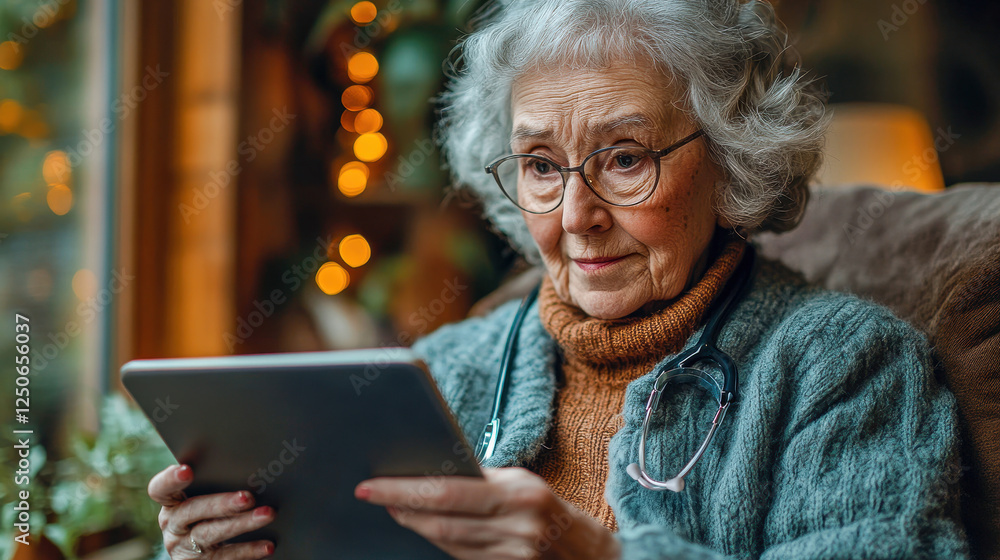 An elderly woman with glasses sits comfortably in a cozy setting, intently using a tablet, surrounded by warm lighting and greenery. An elderly woman with glasses sits comfortably in a cozy setting, intently using a tablet, surrounded by warm lighting and greenery.