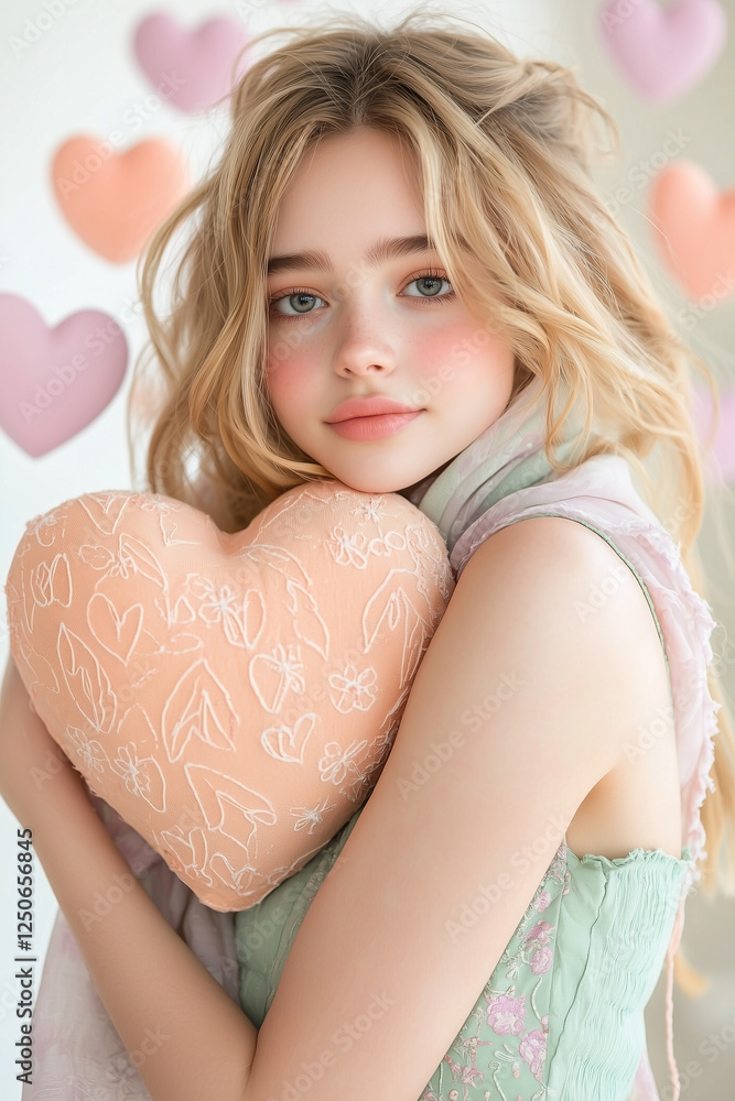 The Valentine Day Concept: Surreal Close-Up of a Young Caucasian Woman Hugging a Pastel Peach Heart-Shaped Cushion in a Mint-Green Spring Outfit with Floating Hearts in the Background The Valentine Day Concept: Surreal Close-Up of a Young Caucasian Woman Hugging a Pastel Peach Heart-Shaped Cushion in a Mint-Green Spring Outfit with Floating Hearts in the Background
