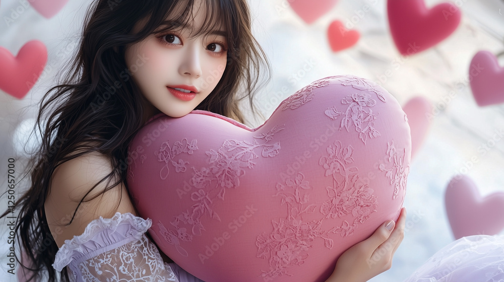 The Valentine Day Concept: Close-Up of a Young Asian Woman Embracing a Heart-Shaped Cushion in Soft Pastel Pink, Wearing a Pastel Lilac Spring Dress, with Floating Hearts in the Background The Valentine Day Concept: Close-Up of a Young Asian Woman Embracing a Heart-Shaped Cushion in Soft Pastel Pink, Wearing a Pastel Lilac Spring Dress, with Floating Hearts in the Background