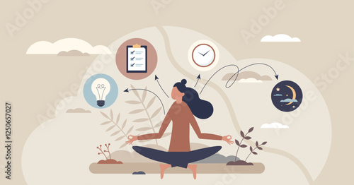 Balancing work and life with ease shows a person meditating, surrounded by a clock and checklist. Tiny style.