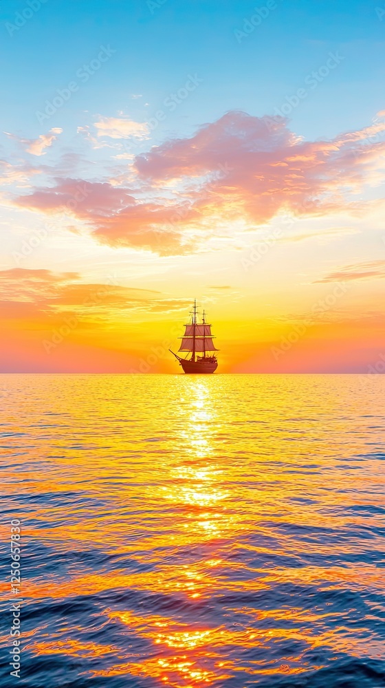 Evening Ocean ship in the sea at sunset, Majestic Tall Ship Sailing into Vibrant Sunset Over Calm Ocean Waves at Dusk Evening Ocean ship in the sea at sunset, Majestic Tall Ship Sailing into Vibrant Sunset Over Calm Ocean Waves at Dusk