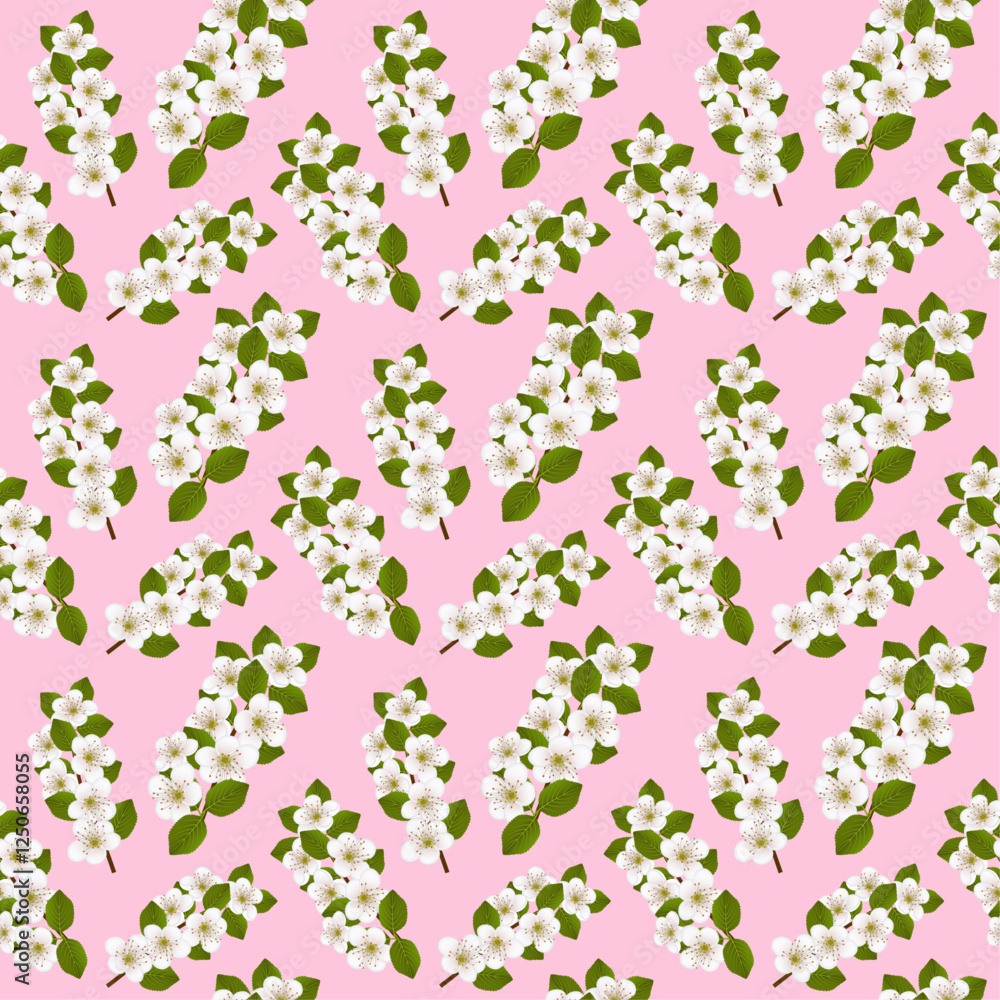 Seamless floral pattern. Branches with blossoming cherry and apple flowers with green leaves on a pink background. Print for packaging and wrapping paper. Vector illustration. Ornament for a gift bag. Seamless floral pattern. Branches with blossoming cherry and apple flowers with green leaves on a pink background. Print for packaging and wrapping paper. Vector illustration. Ornament for a gift bag.