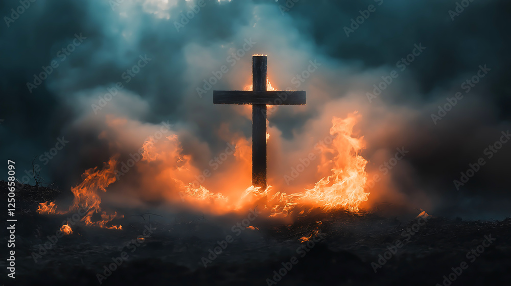 Obraz premium A wooden cross standing amidst flames, surrounded by wisps of smoke and fire 