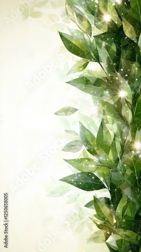 Lush Green Leaves with Sparkling Lights on Beige Background