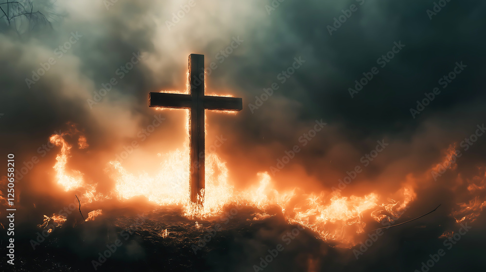 Fototapeta premium A wooden cross standing amidst flames, surrounded by wisps of smoke and fire 