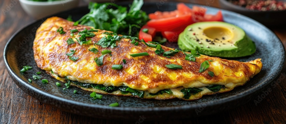 Nutritious mushroom and cheese omelette served with fresh vegetables and herbs for a healthy breakfast option Nutritious mushroom and cheese omelette served with fresh vegetables and herbs for a healthy breakfast option