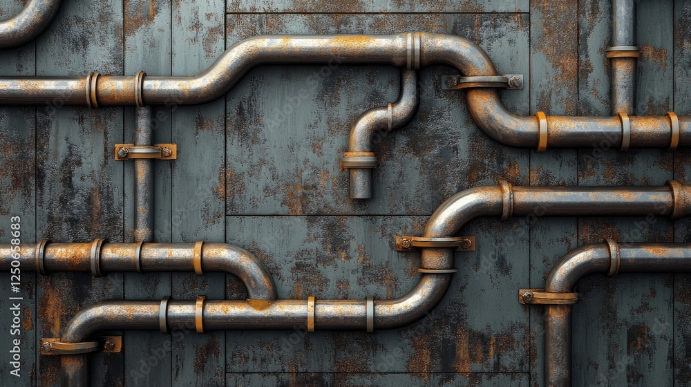 Rusty metal pipes forming an intricate industrial extraction system on a weathered wooden wall surface Rusty metal pipes forming an intricate industrial extraction system on a weathered wooden wall surface