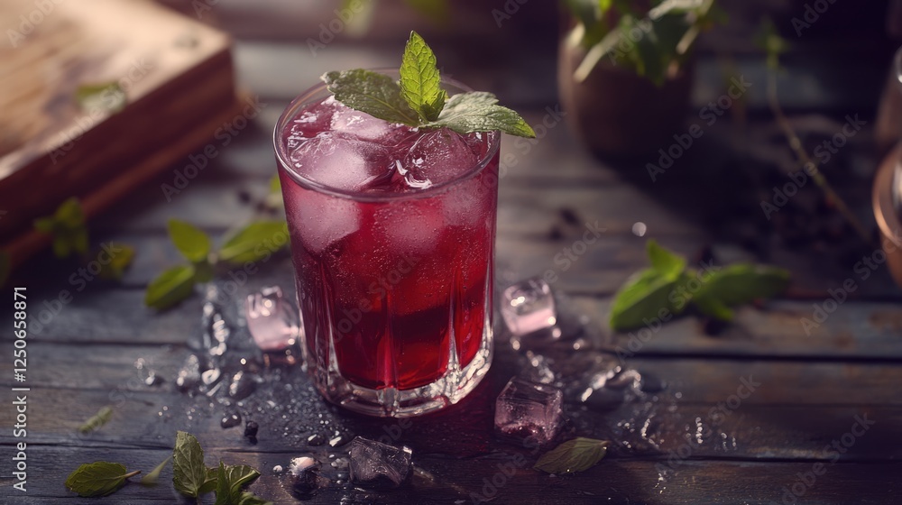 Refreshing iced tea with mint and ice cubes surrounded by natural elements on a rustic wooden surface for summer relaxation vibes. Refreshing iced tea with mint and ice cubes surrounded by natural elements on a rustic wooden surface for summer relaxation vibes.