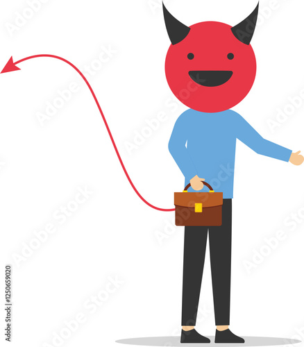 Wicked Businessman holding a smile mask. Bad idea cause problem and failure, disappointment from rejected, evil and negative opinion. Modern vector illustration in flat style

