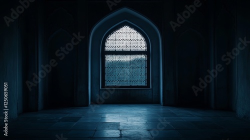 An arched window in an Indian mosque with light streaming through, a dark room, the silhouette of the night sky visible outside. Islamic architecture, architectural photography, moody lighting