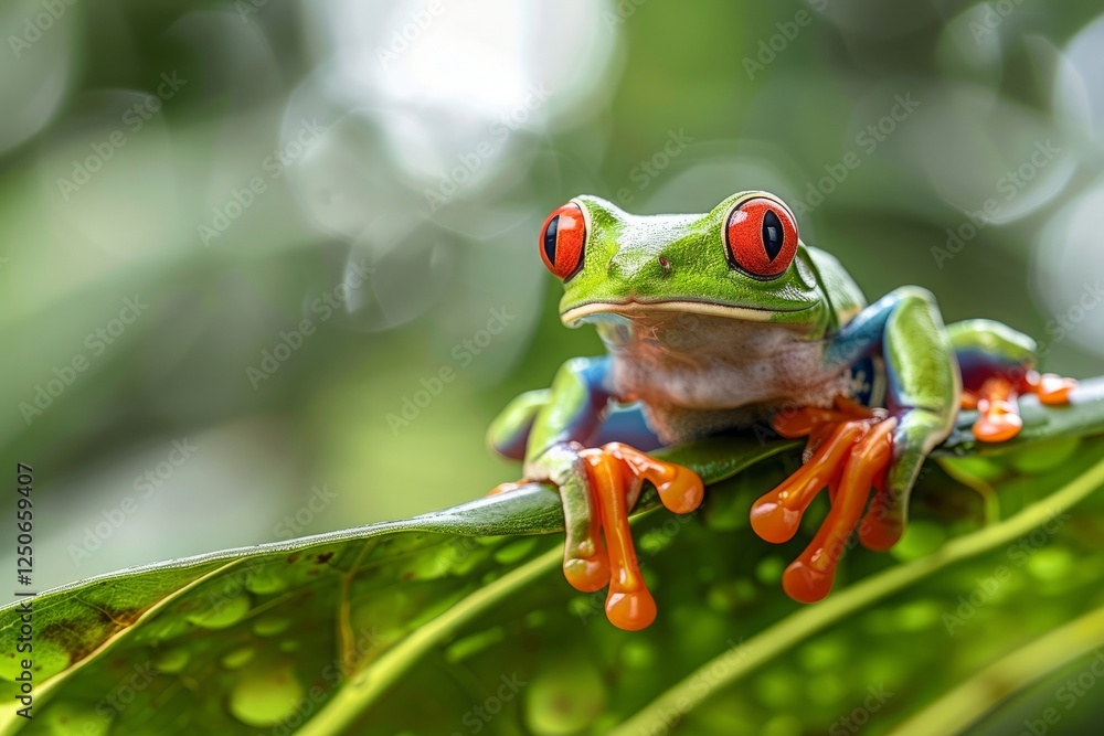 Naklejka premium Red-eyed Tree Frog, Agalychnis callidryas, sitting on the green leave in tropical forest in Costa Rica.