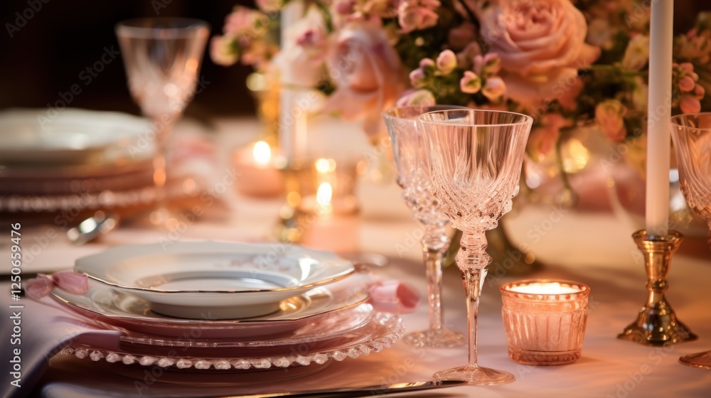 Romantic table setting with delicate glassware and floral centerpiece Romantic table setting with delicate glassware and floral centerpiece