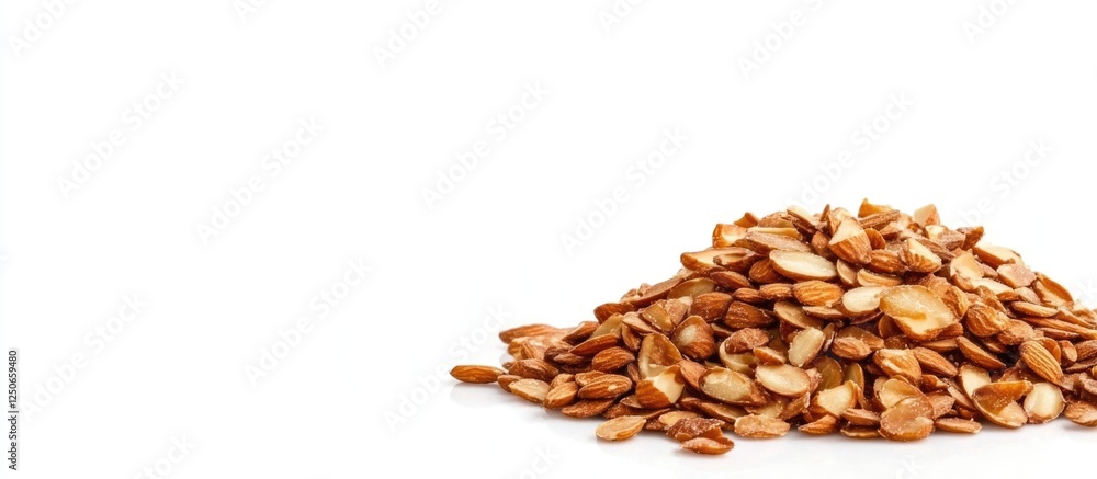 Caramelized almond slices arranged in a heap on a bright white background ideal for food-related designs and promotions Caramelized almond slices arranged in a heap on a bright white background ideal for food-related designs and promotions