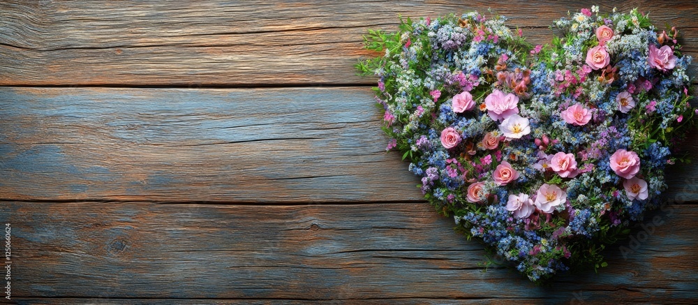 Heart-shaped floral arrangement on rustic wooden background with vibrant blooms and foliage, perfect for romantic or decorative themes. Heart-shaped floral arrangement on rustic wooden background with vibrant blooms and foliage, perfect for romantic or decorative themes.