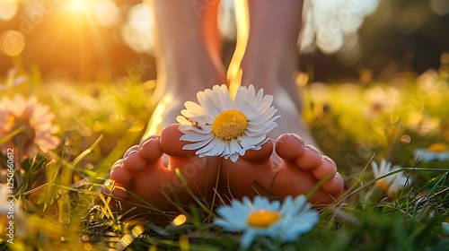 Foot of a young woman with a spring flower in fingers lying on sunny, warm meadow.