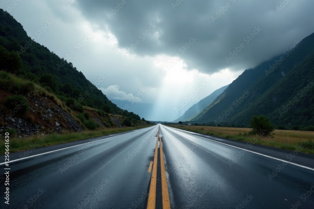 Fototapeta premium A Scenic Highway Cutting Through Lush Mountain Valley Under a Dramatic Cloudy Sky