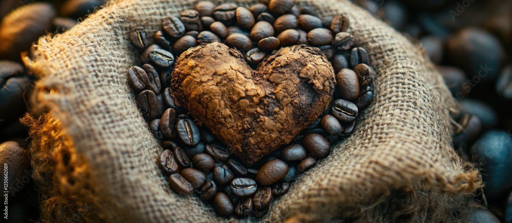Heart shape created from coffee beans on burlap background highlighting the love for coffee and its natural textures. Heart shape created from coffee beans on burlap background highlighting the love for coffee and its natural textures.