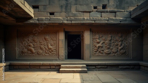 This minimalist photograph captures the intricate ancient stone carvings on the Mahabodhi Temple walls, reflecting the historical and spiritual significance of Buddhism.
