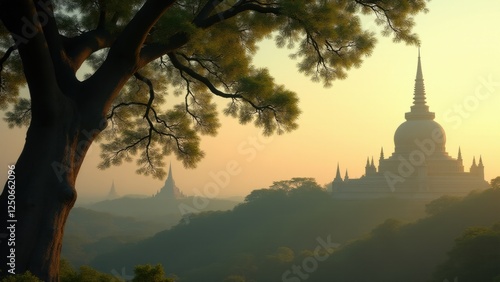 A minimalist photo featuring the gentle swaying of Bodhi tree leaves beside the Mahabodhi Temple, capturing the natural beauty and serenity of Buddhism.