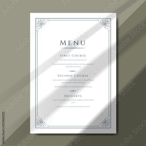 Minimalist menu design template. Elegant and vintage menu template perfect for wedding menu and formal occasions. Printable menu desigan Printable menu design with size 5