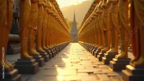 A minimalist photo of golden statues lining the pathways of the Mahabodhi Temple, capturing the spiritual and reverent atmosphere of Buddhism.