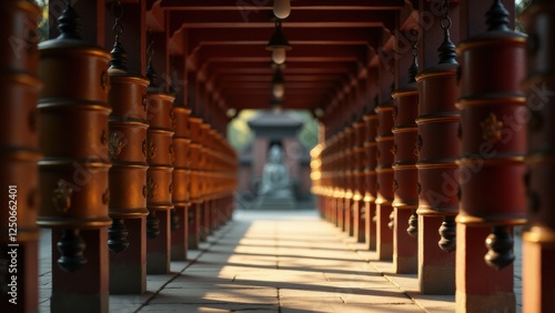 This minimalist photograph captures the prayer wheels beautifully lining the entrance of the Mahabodhi Temple, embodying the calm and spiritual essence of Buddhism