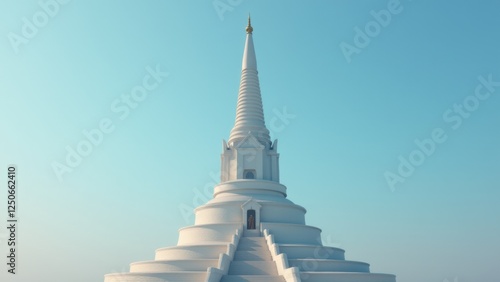 A minimalist photo of the Mahabodhi Temple's towering spire against a clear blue sky, capturing the majestic and spiritual beauty of Buddhism.