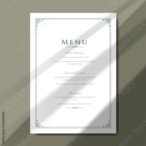 Stylish menu template features intricate designs and a classic layout, perfect for weddings and upscale events. Its elegant typography and formal structure enhance the dining experience beautifully
