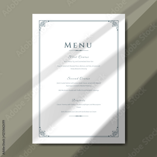 elegant wedding menu template with ornate borders and refined typography, perfect for formal events. Ideal for weddings, receptions, and luxury dinners. template size 5"x7"