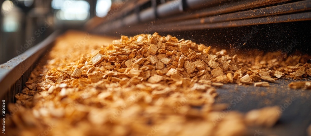 Industrial wood chips on conveyor belt with selective focus highlighting texture and details of wood waste in manufacturing environment Industrial wood chips on conveyor belt with selective focus highlighting texture and details of wood waste in manufacturing environment