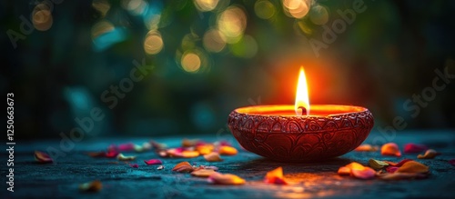 Colorful diya lamp glowing in darkness surrounded by petals symbolizing the festive spirit of Diwali celebrations in India photo