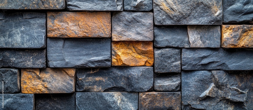 Decorative grey and gold stone bricks arranged in an artistic pattern for architectural or design background use Decorative grey and gold stone bricks arranged in an artistic pattern for architectural or design background use