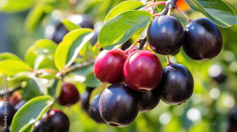 Juicy chokecherries ripening on the tree in summer sunlight Juicy chokecherries ripening on the tree in summer sunlight
