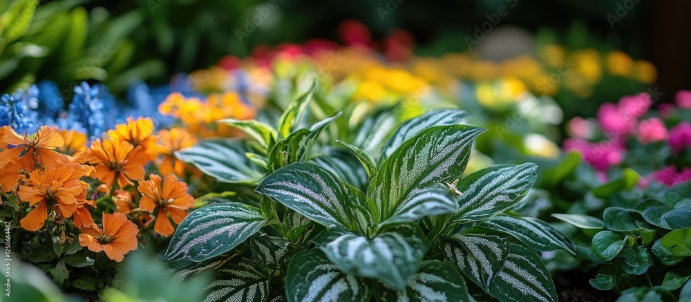 Fototapeta premium Vibrant garden display featuring Indian borage and colorful tropical flowers in a lush, serene environment
