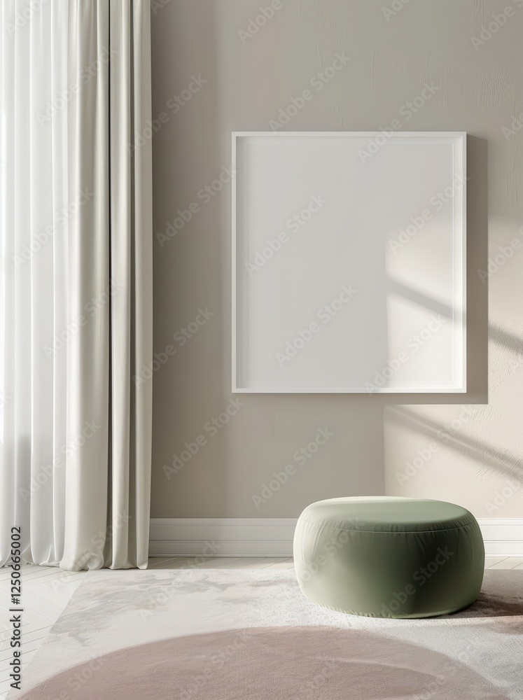 A square white frame mockup on a beige wall with a green pouf on a rug and curtains in the background A square white frame mockup on a beige wall with a green pouf on a rug and curtains in the background