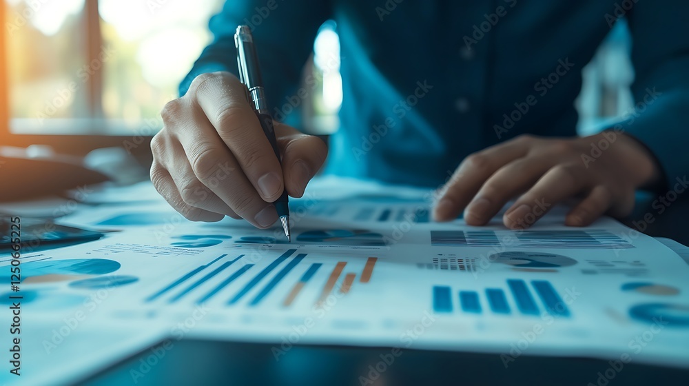 Close-up of hands reviewing financial data charts and graphs. Close-up of hands reviewing financial data charts and graphs.